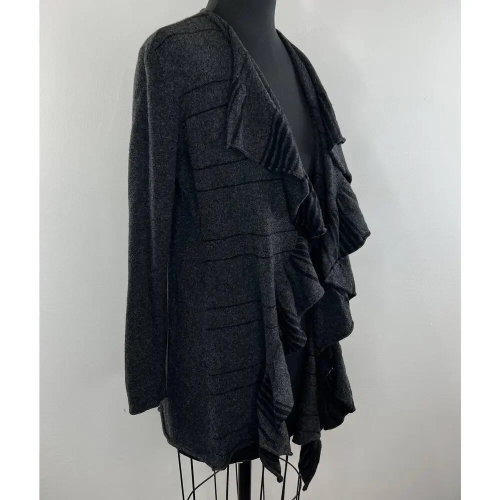 Eileen Fisher Gray Black Merino Wool-Cashmere Ruffle Waterfall Cardigan Size S